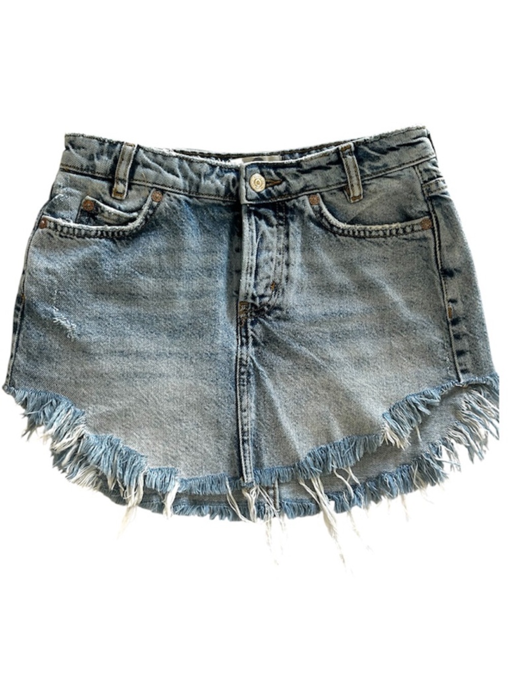 We The Free FP Sky High Western Mini Skirt Denim Jean Raw Asymmetrical Hem- 0 - Picture 11 of 16
